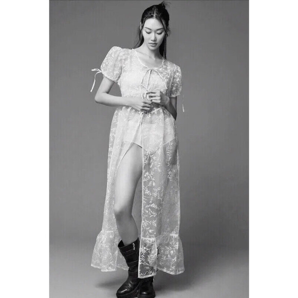 Anthropologie Sheer Short-Sleeve Organza Maxi Dress - New Medium - Picture 2 of 9